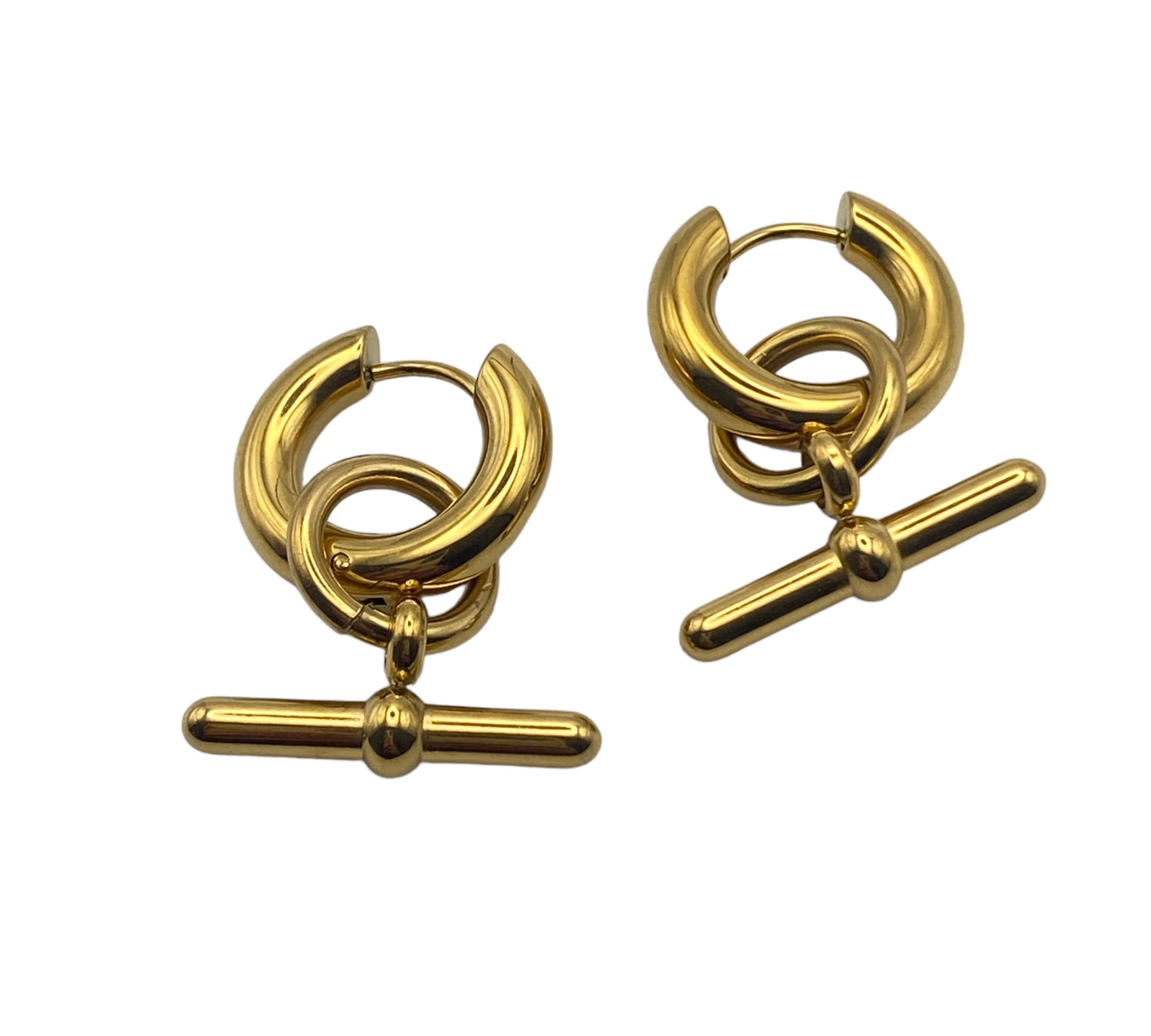 "SELENE" gold plated hoop earrings with a bar attached to a circle pendant
