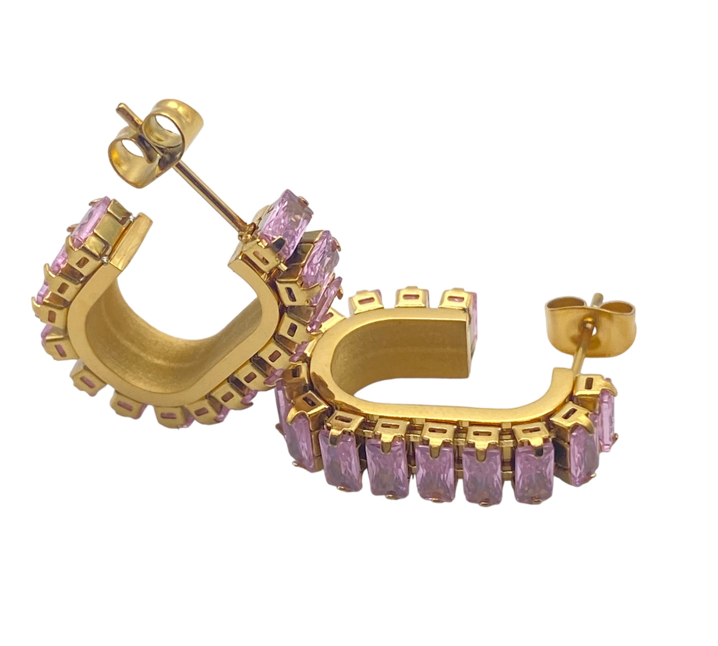 "VICTORIA" gold plated open oval hoop earrings with rectangular dust pink zirconia