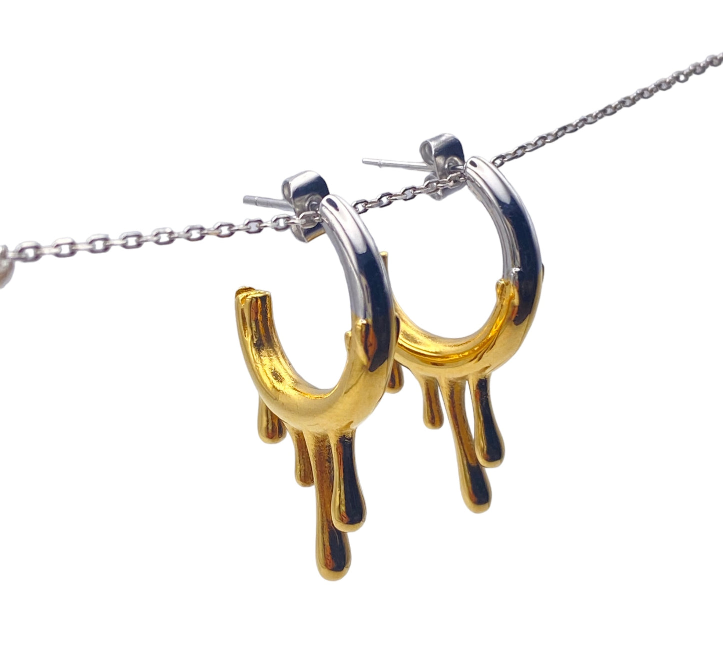 "BRIGID" gold and silver colored triple hoops with hanging drips