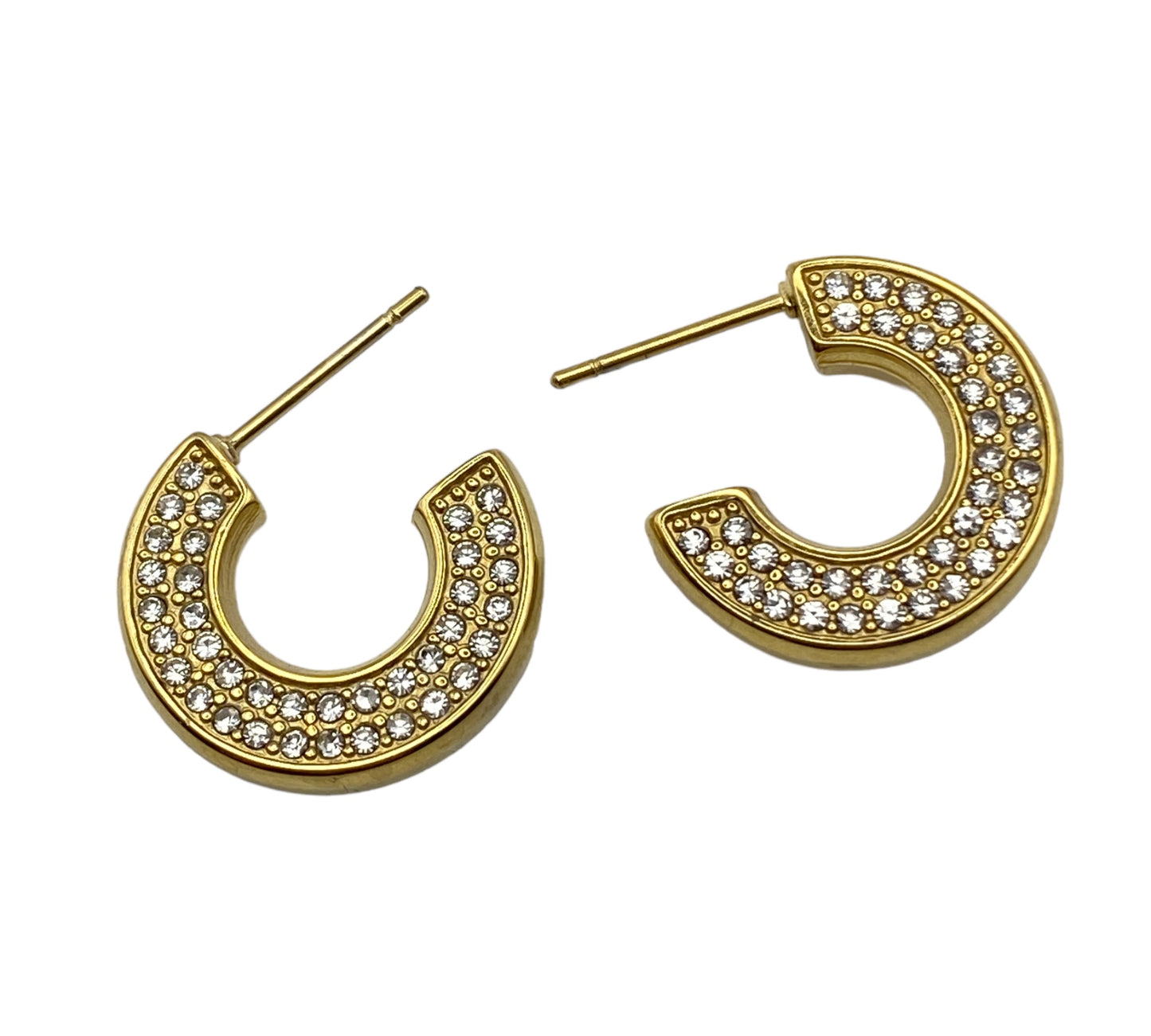 "SULIS" gold plated open hoop earrings with two lines of mini clear zirconia