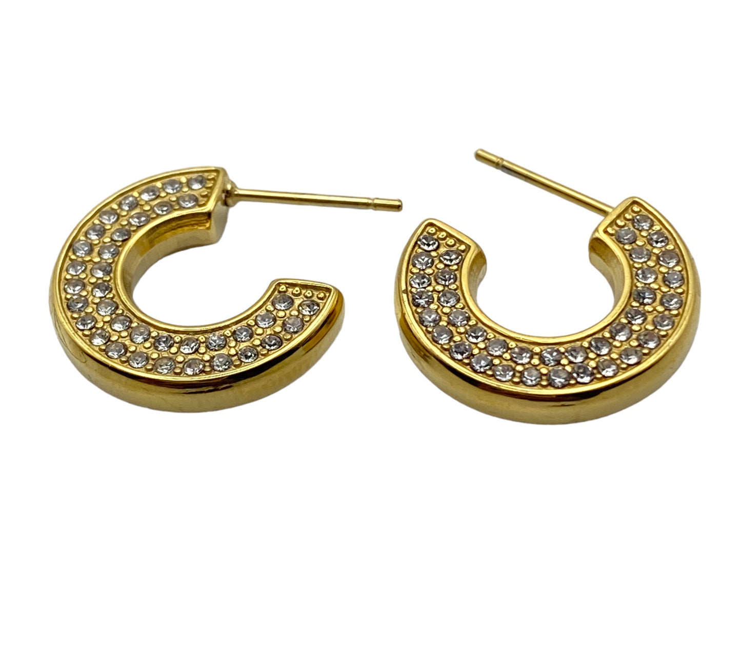 "SULIS" gold plated open hoop earrings with two lines of mini clear zirconia