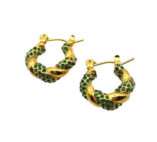 "VERDANT" gold plated twisted mini hoop earrings with green zirconia