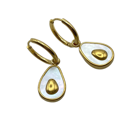 "DROPADO" gold plated hoop earrings with avocado inspired natural shell pendant