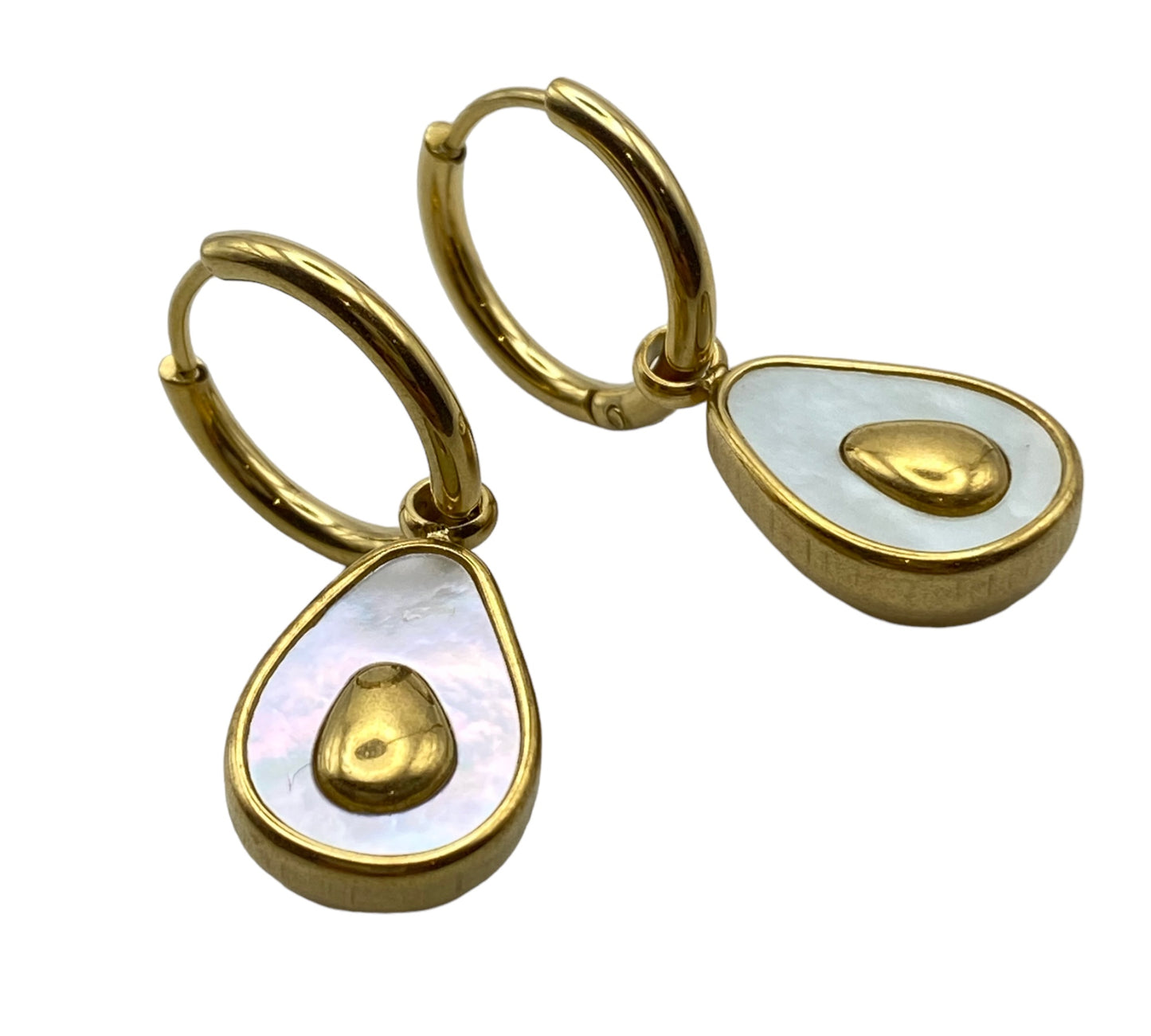 "DROPADO" gold plated hoop earrings with avocado inspired natural shell pendant