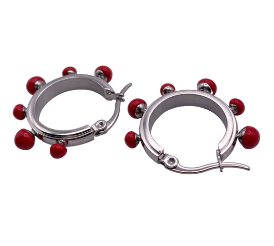 "MELODY" silver colored hoop earrings with red enamel covered metal beads