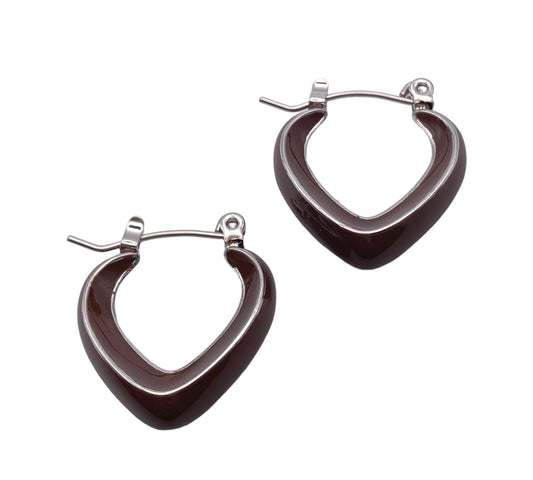 "BACH" silver colored hoop earrings with brown enamel