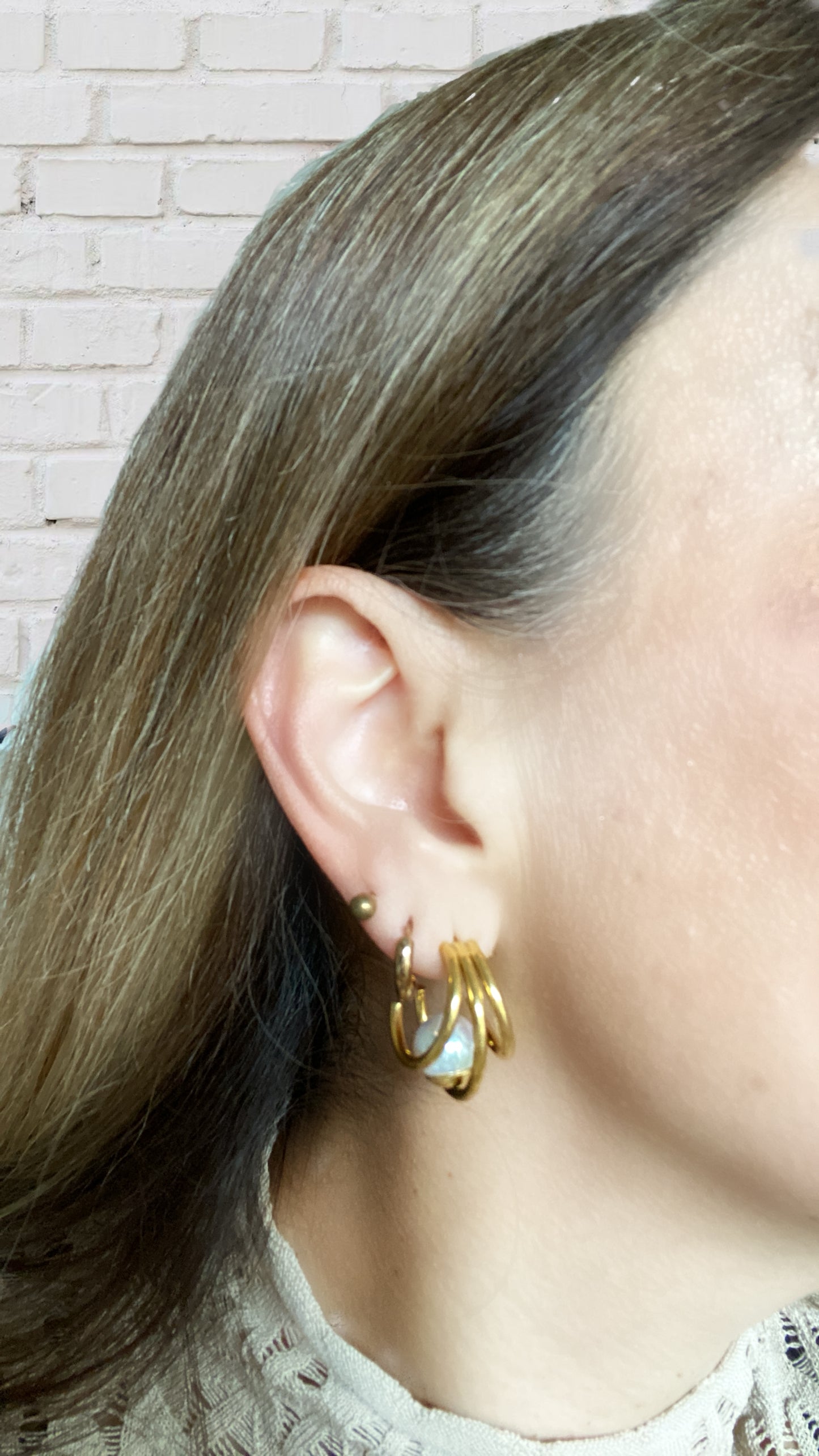 "TANIT" gold plated open hoop earrings with triple hoops and a pearl bead attached