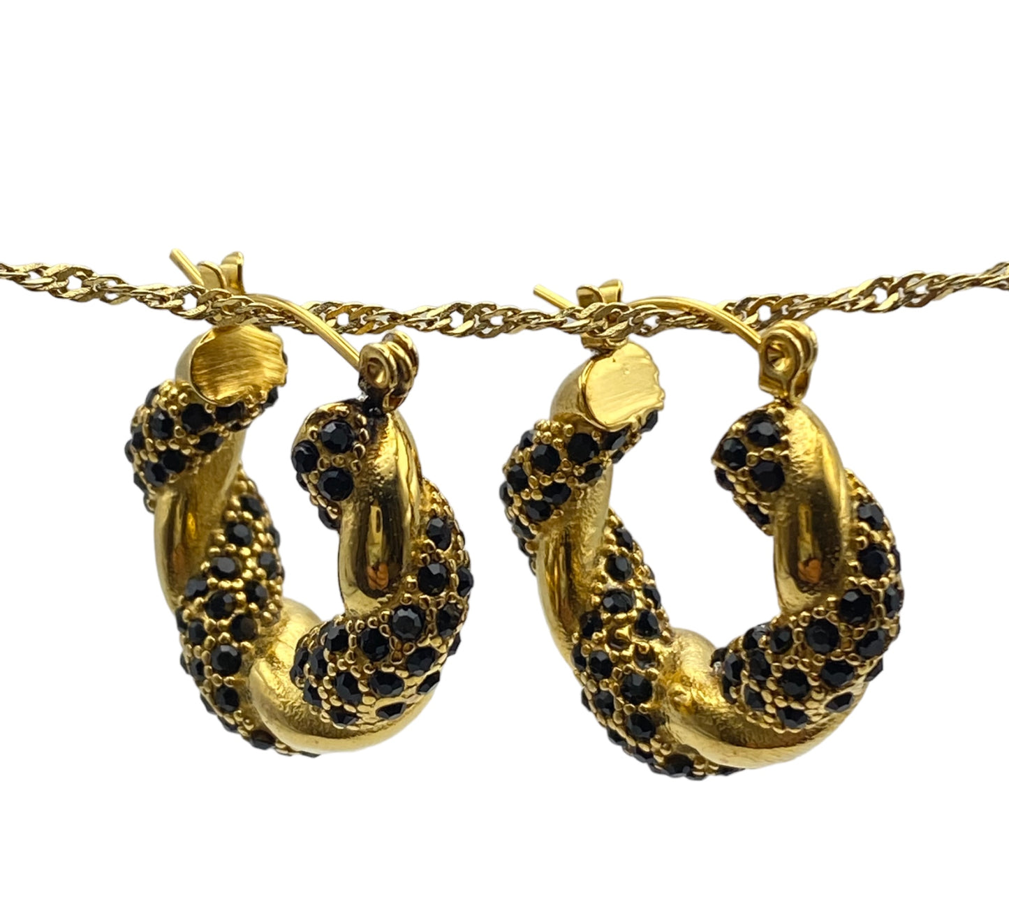 "ELENA" gold plated twisted hoop earrings with black zirconia