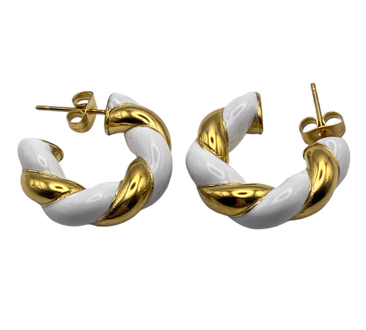 "SHARI" gold plated twisted half hoop earrings with white enamel