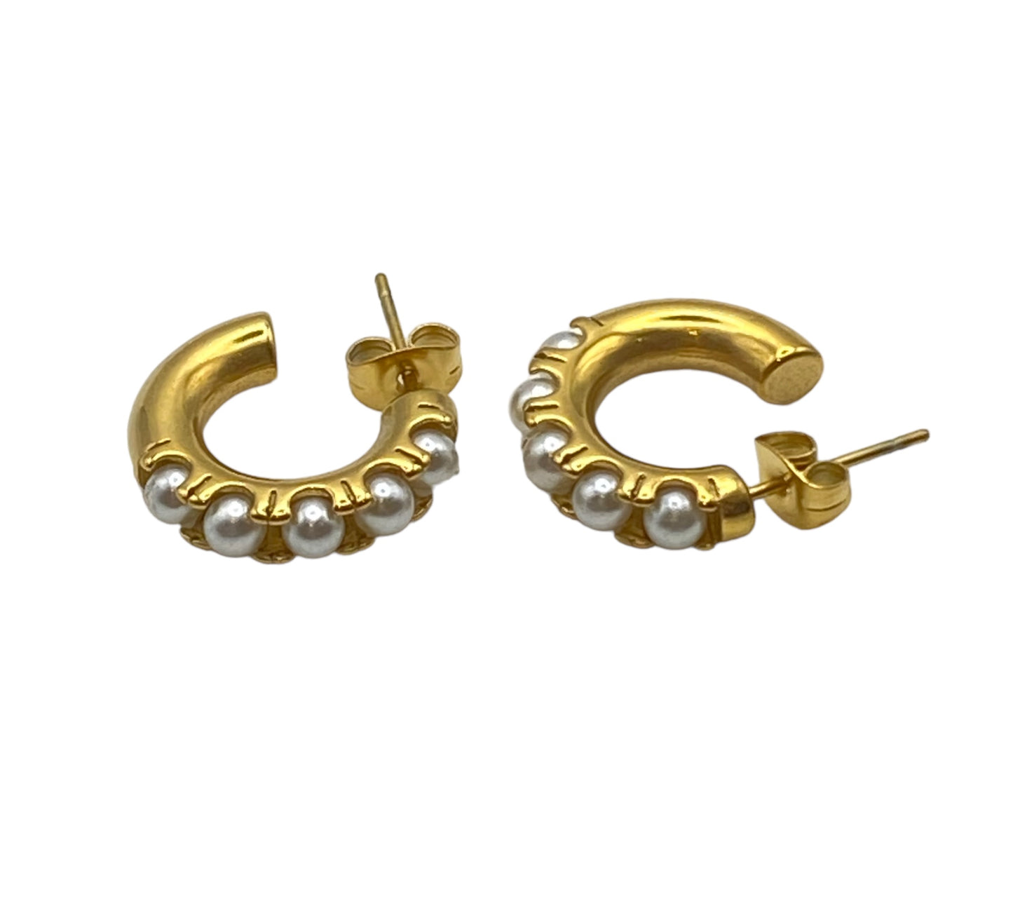 "EMBRACE" gold plated half hoop earrings with pearls
