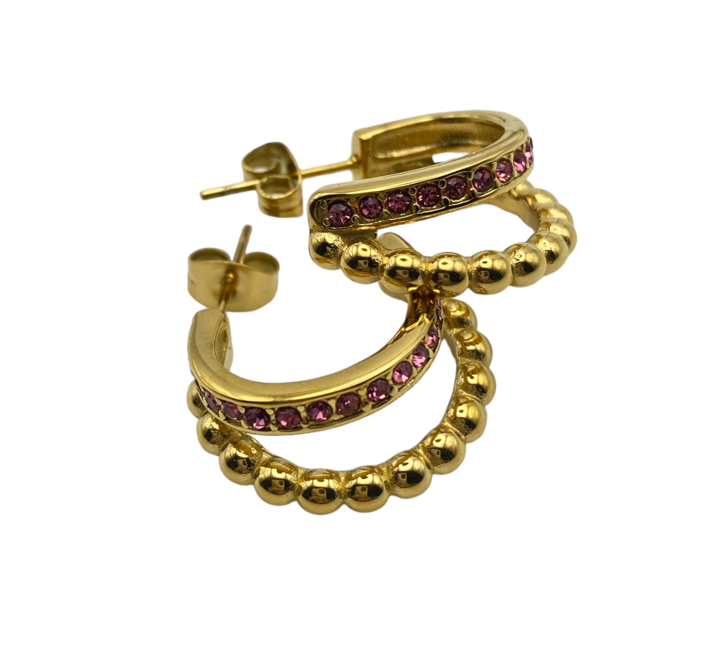 "SABINE" gold plated double open hoop earrings with pink zirconia