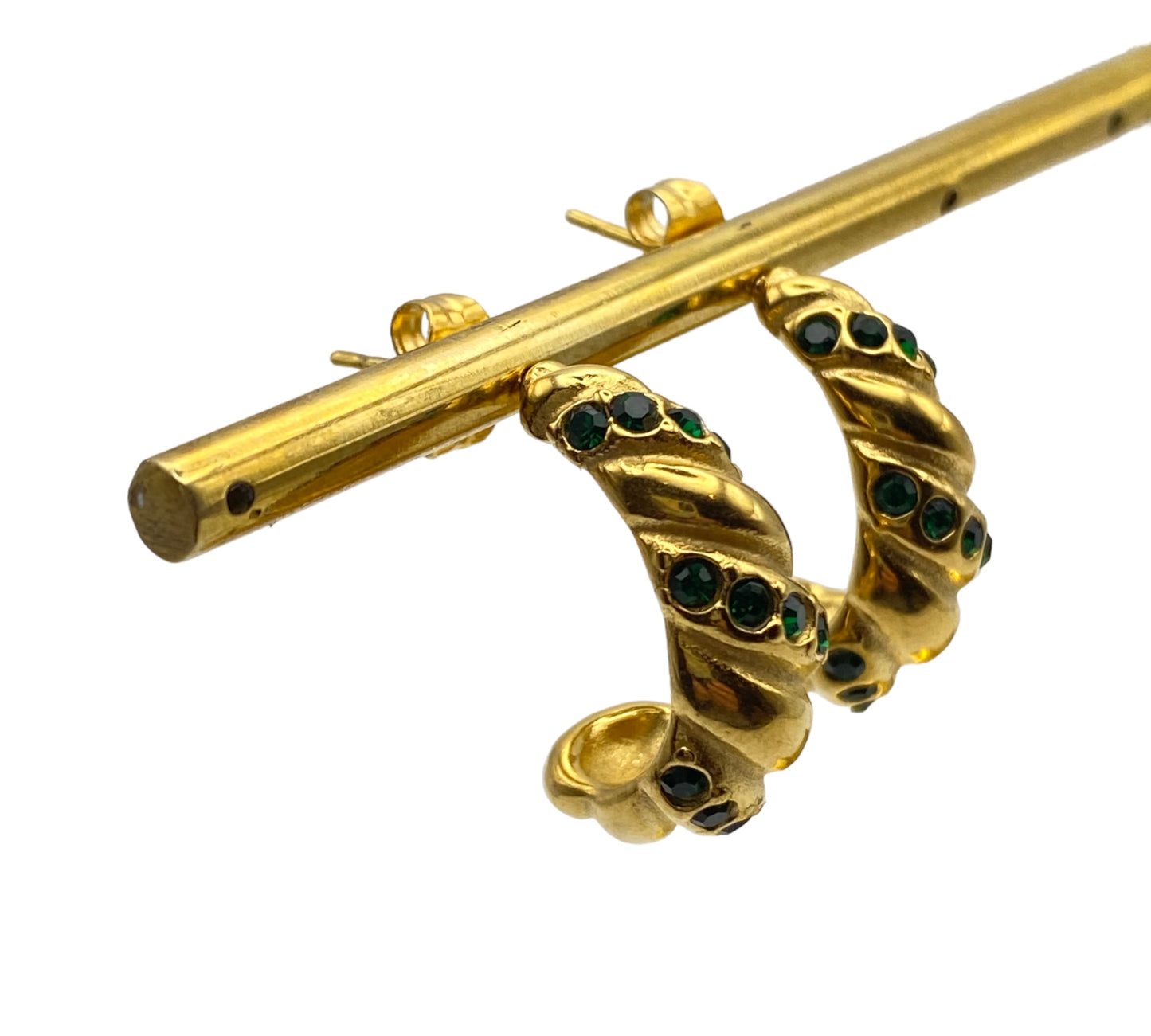 "TWILIGHT" gold plated half hoop earrings with green zirconia