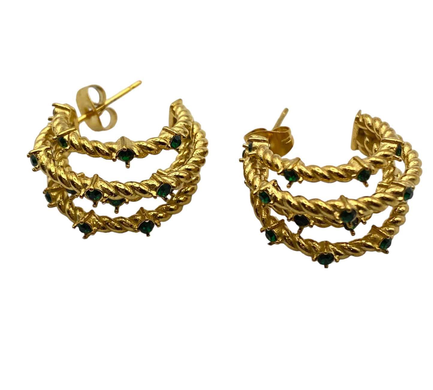 "PINCH" gold plated half hoop earrings with green zirconia