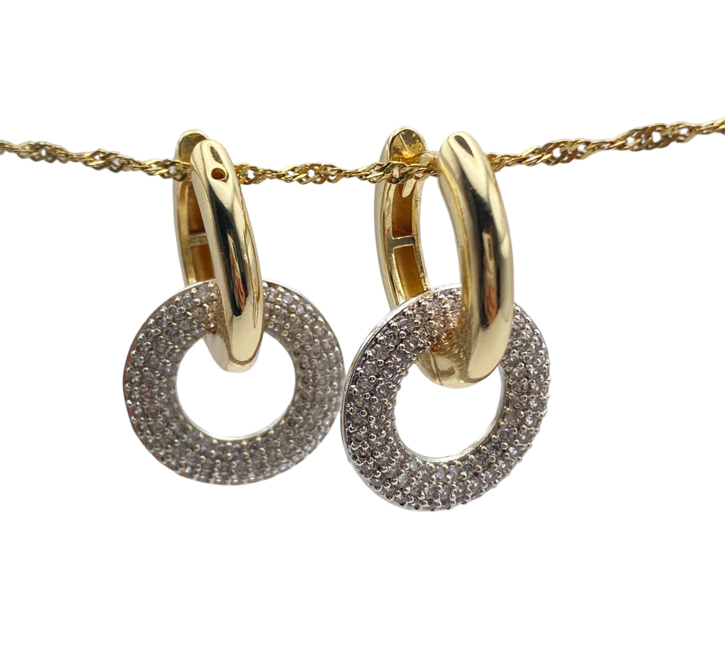 "FEAST" gold plated hoop earrings with zirconia surrounded charm