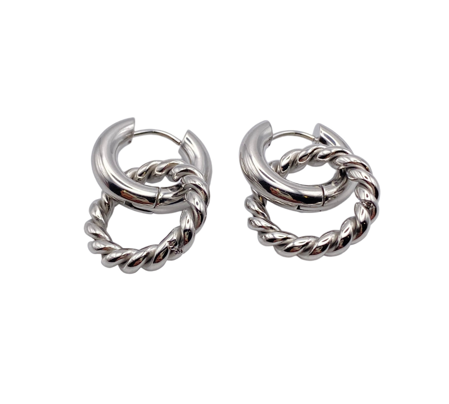 "WHISPER" silver colored hoops with a dangling round charm