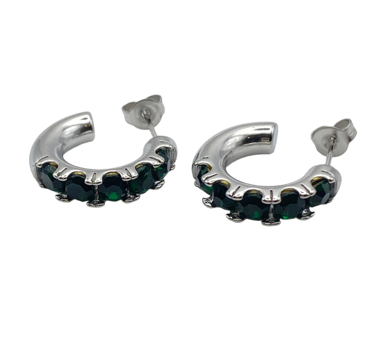 "HESTIA" silver colored open hoops with emerald green zirconia