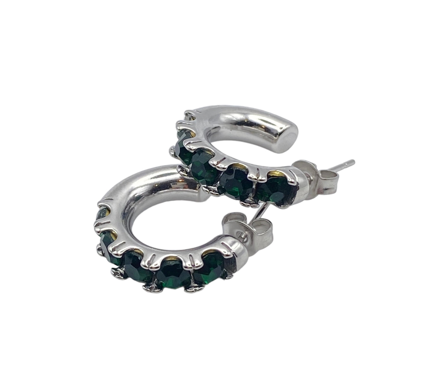 "HESTIA" silver colored open hoops with emerald green zirconia