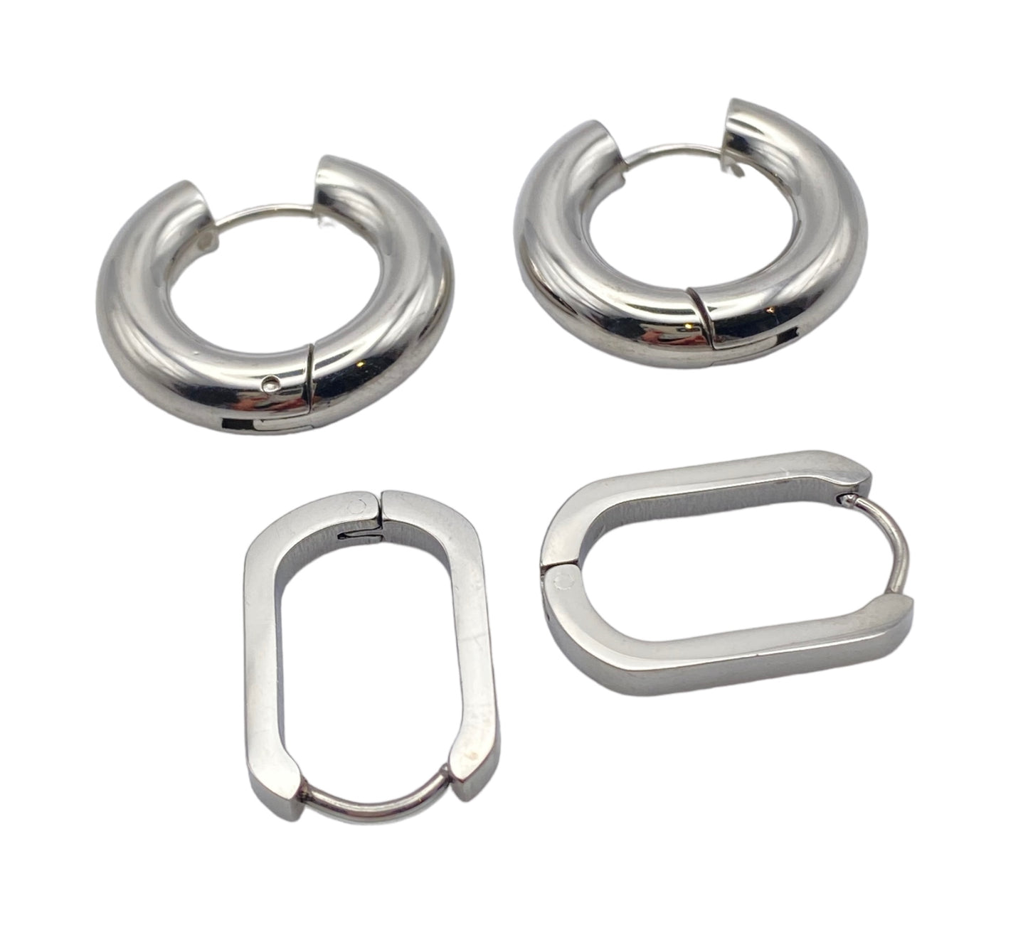"KALI" silver colored stacking set with a round and oval pair of hoop earrings