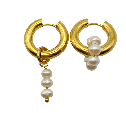 "LADA" gold plated hoop earrings with two different pendants with pearls