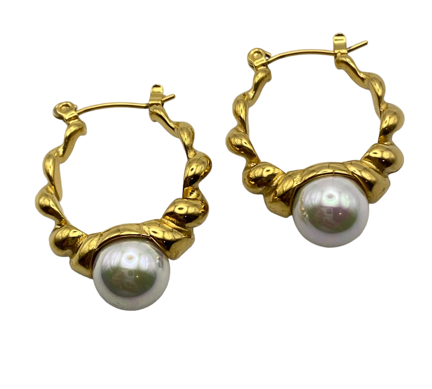 "OSHUN" gold plated twisted hoop earrings with a pearl bead attached