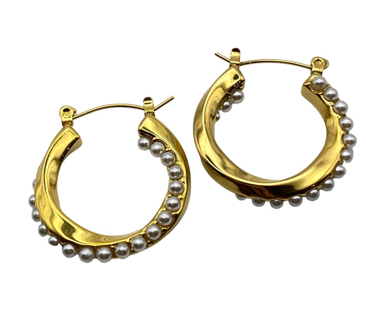 "PELE" gold plated hoop earrings surrounded by mini pearl beads
