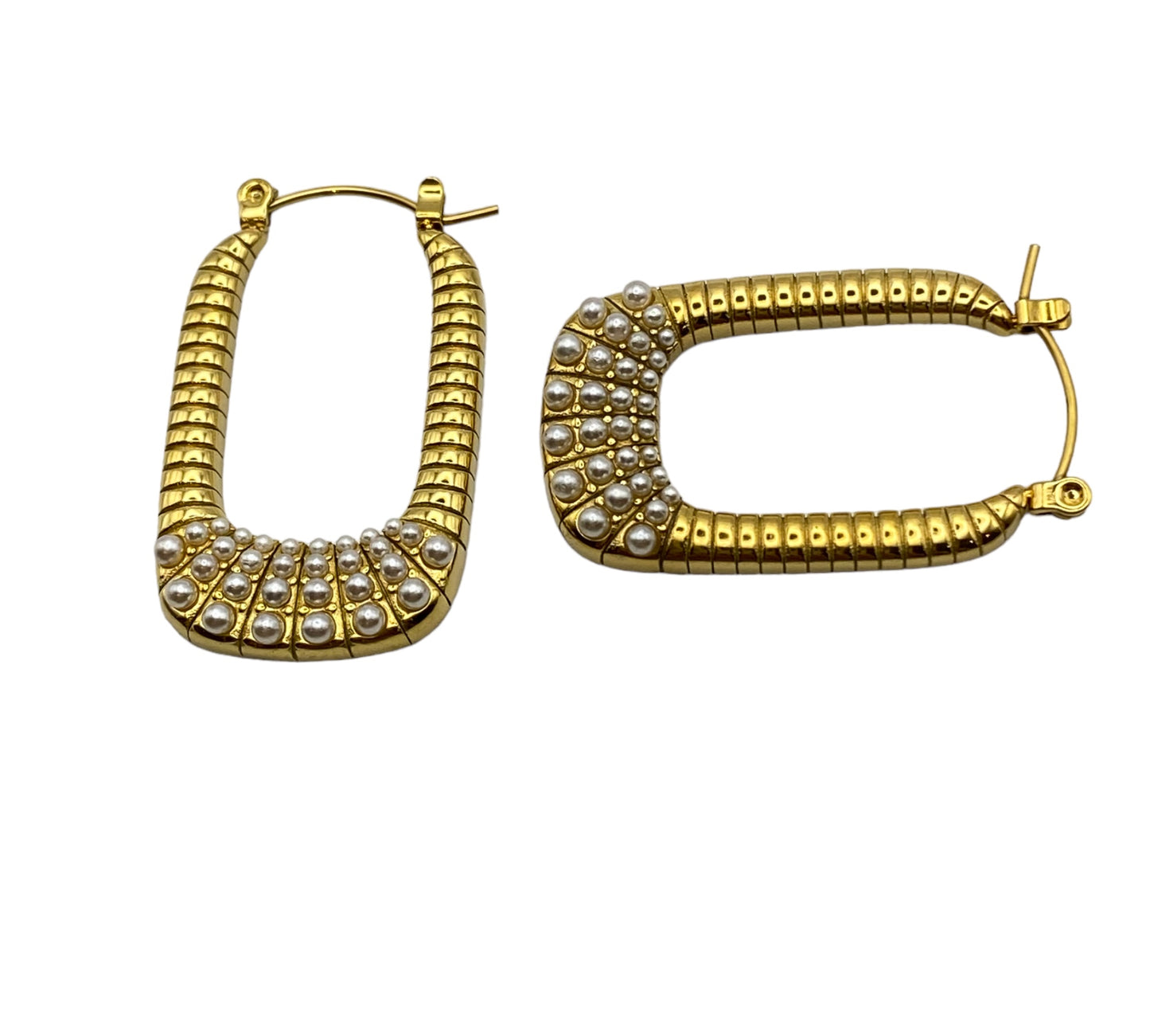 "HINA" gold plated statement rectangular hoop earrings with mini pearl beads