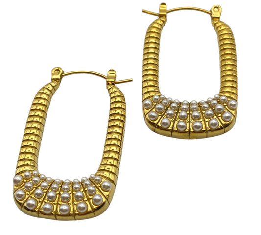 "HINA" gold plated statement rectangular hoop earrings with mini pearl beads