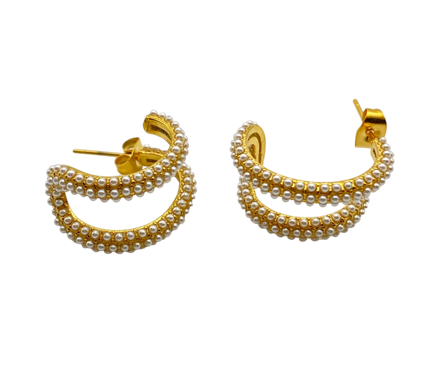 "INCA" gold plated half hoop earrings with double hoop illusion and covered by mini pearl beads