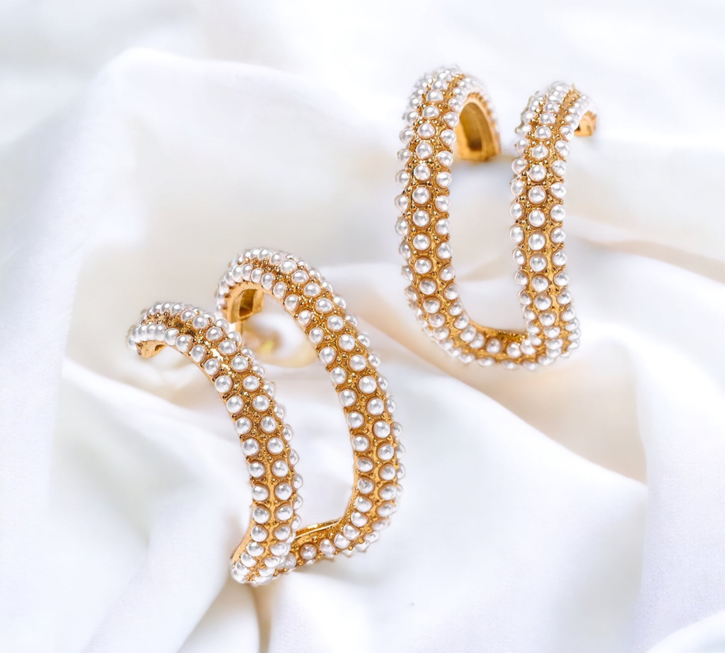 "INCA" gold plated half hoop earrings with double hoop illusion and covered by mini pearl beads